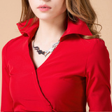 修身长袖衬衫女春夏韩版v领蝴蝶结打底白衬衣性感红色职业短袖