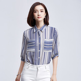 尚都比拉竖条纹雪纺衬衫女2016夏女韩版蓝色宽松衬衣