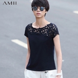 Amii极简女装夏宽松时尚不对称镂空蕾丝拼接短袖T恤女纯棉体血衫