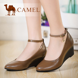 camel骆驼 羊皮舒适扣环带 尖头坡跟休闲单鞋 女鞋