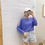 2016夏季新款韩版女短款百搭休闲宽松显瘦长袖露肩透视蝙蝠袖T恤