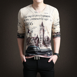 春秋季新款韩版修身休闲男士长袖t恤V领3D印花青年薄款针织打底衫