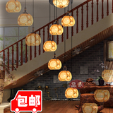 中式别墅复式楼梯长吊灯楼梯间灯具五彩青花陶瓷灯罩送LED灯泡