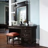 美式实木雕花精致梳妆镜黑色梳妆台美式仿古梳妆凳卧室化妆镜直销