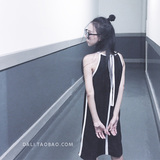 2016夏季新款 独家定制 韩国 复古 黑白撞色包边 吊带连衣裙