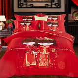 大红色结婚庆四件套纯棉床上用品个性创意情侣人物被套床单新婚房