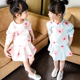 女童2016春装新款套装韩版儿童宝宝太空棉花朵长袖卫衣裙子两件套
