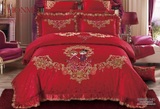 紫云阁大红色结婚庆喜被子四件套大红刺绣纯棉床上用品双人新婚礼