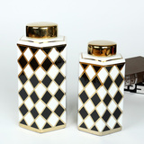 现代黑白方格陶瓷罐子摆件密封罐存储物罐大号带盖软装饰品样板房