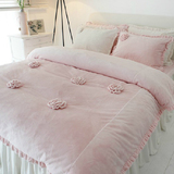 韩国代购床上用品公主粉色花朵短绒毛四件套天鹅绒个性床裙1.8