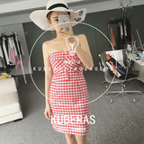 KUBERAS独家定制16夏季新款女装泰国潮牌格子修身性感吊带连衣裙