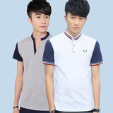 夏季V领拼接短袖T恤男 青年韩版薄款学生装上衣 纯棉潮男士打底衫