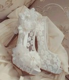 婚鞋新娘婚纱礼服高跟单鞋鱼嘴粗跟蕾丝镂空网纱绸缎花朵白色伴娘