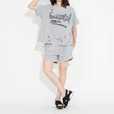 韩国2016夏季休闲运动套装女两件套字母印花破洞短袖T恤短裤跑步