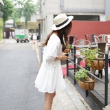 韩国大码小清新连衣裙宽松显瘦中长款抽带高腰V领短袖白色娃娃衫