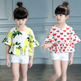 2016韩版女童纯棉短袖T恤新款中大童装大红色荷叶袖圆领娃娃上衣