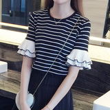 韩版女装2016夏季新款喇叭袖条纹衫大码宽松百搭短袖t恤女式上衣