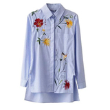 秋季女式新款2016西班牙单欧美风条纹印花花朵刺绣长袖女上衣衬衫