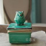 美式乡村地中海 复古做旧蓝绿色陶瓷猫头鹰首饰盒 小物收纳 装饰