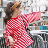 2016春夏新款韩国圆领蝙蝠九分袖字母红条纹T恤 女宽松上衣学生