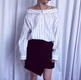 2016春装新款韩版宽松坚条纹一字领露肩性感长袖衬衫打底衫衬衣女