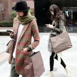 韩版冬装新款 英伦风格子西装外套 中长款风衣修身羊绒毛呢大衣女