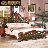 美式实木雕花头层真皮软靠双人床 北欧式卧室家具1.8米储物高箱床