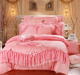 婚庆纯棉四件套粉色贡缎刺绣花全棉六件套结婚礼床上用品床单被套