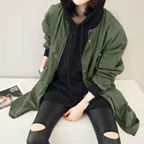 韩国代购秋季圆领蝙蝠袖宽松休闲夹克韩版中长款军绿色风衣外套女