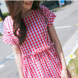新款红白格子连衣裙女夏学生娃娃裙中长款韩国宽松小清新衬衫裙子