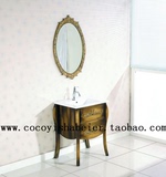 新款古铜色做旧现代简约实木浴室柜落地柜橡木组合卫浴柜雕刻镜子