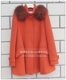韩国RENEEVON专柜正品 橙色貉子毛A字立领细纹羊毛呢大衣外套7735