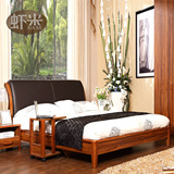 虾米家具 中式软靠背皮床头实木框架双人床高箱床1.5米橡木床