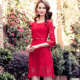 红裙子两件套夏天重工2016新款女装修身刺绣镂空蕾丝红色连衣裙