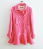 2015新品韩版小香风羊绒大衣粉色修身双排扣毛呢外套荷叶边
