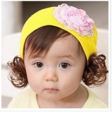 女婴儿童细毛线帽子女宝宝蕾丝玫瑰花朵套头帽子假发卷发春秋帽子