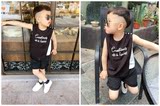 童装无袖背心套装美丽泡菜2016夏季男童条纹假两件T短裤韩版套装