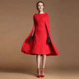 欧美时装周复古斗篷时髦正红色连衣裙一字领披肩式春秋装中裙9890