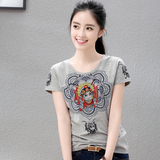 民族风 韩版新款夏季女装京剧图案印花短袖棉T恤修身白色体恤女