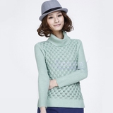 2015新款女装 清新の纯色镂空菠萝条纹 短款高领毛衣 针织衫 女