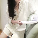 阿宅性感睡衣女秋夏季开衫薄款长袖白色衬衫男友衬衫宽松性感睡裙