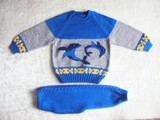 纯手工编织1-2岁儿童毛衣海豚图案婴儿毛衣宝宝套衫手打毛线衣