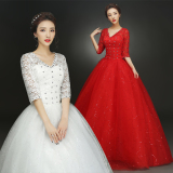 大红色婚纱礼服新娘齐地结婚婚礼中袖子一字肩简约修身显瘦韩式
