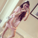韩版2016夏季新款粉色针织短袖休闲连衣裙中长款宽松显瘦中裙女潮
