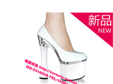 新款白色单鞋圆头女鞋超高跟水晶厚底粗跟高跟鞋性感防水台演出鞋