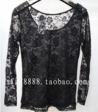 圆领蕾丝网纱打底衫2016新款春装女装黑色长袖低领T恤