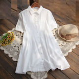 夏季白衬衫女 短袖韩版宽松大码打底衬衫裙纯色中长款连衣裙 包邮