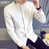 Exscv男士长袖衬衫秋季薄款男装青少年韩版修身休闲条纹衬衣潮男