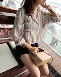 韩版BF风格宽松棉麻低调简单双口袋条纹中长款衬衫女秋季新款