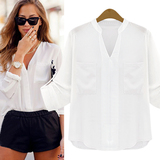 夏季白衬衫女装宽松显瘦七分袖V领雪纺衬衣职业套头白色短袖上衣